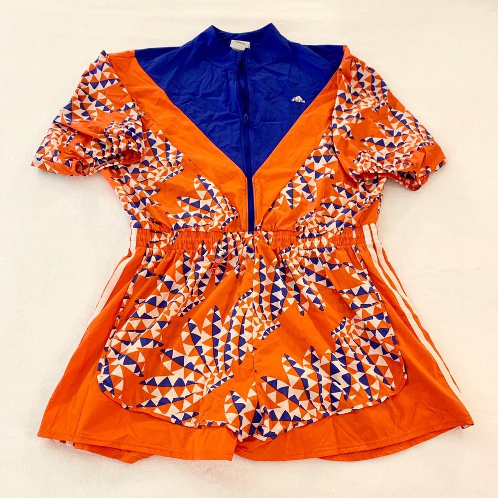 Adidas Farm Rio Romper Womens Size L Orange Blue Geometric Windbreaker Jumpsuit